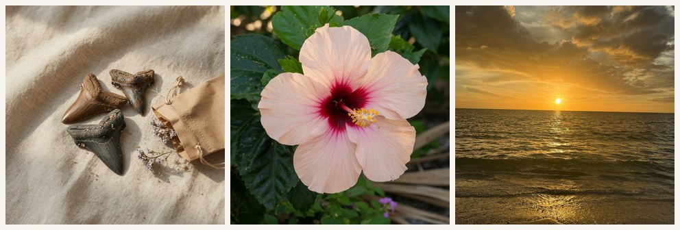 Shark teeth, a hibiscus, and a gallery sunset