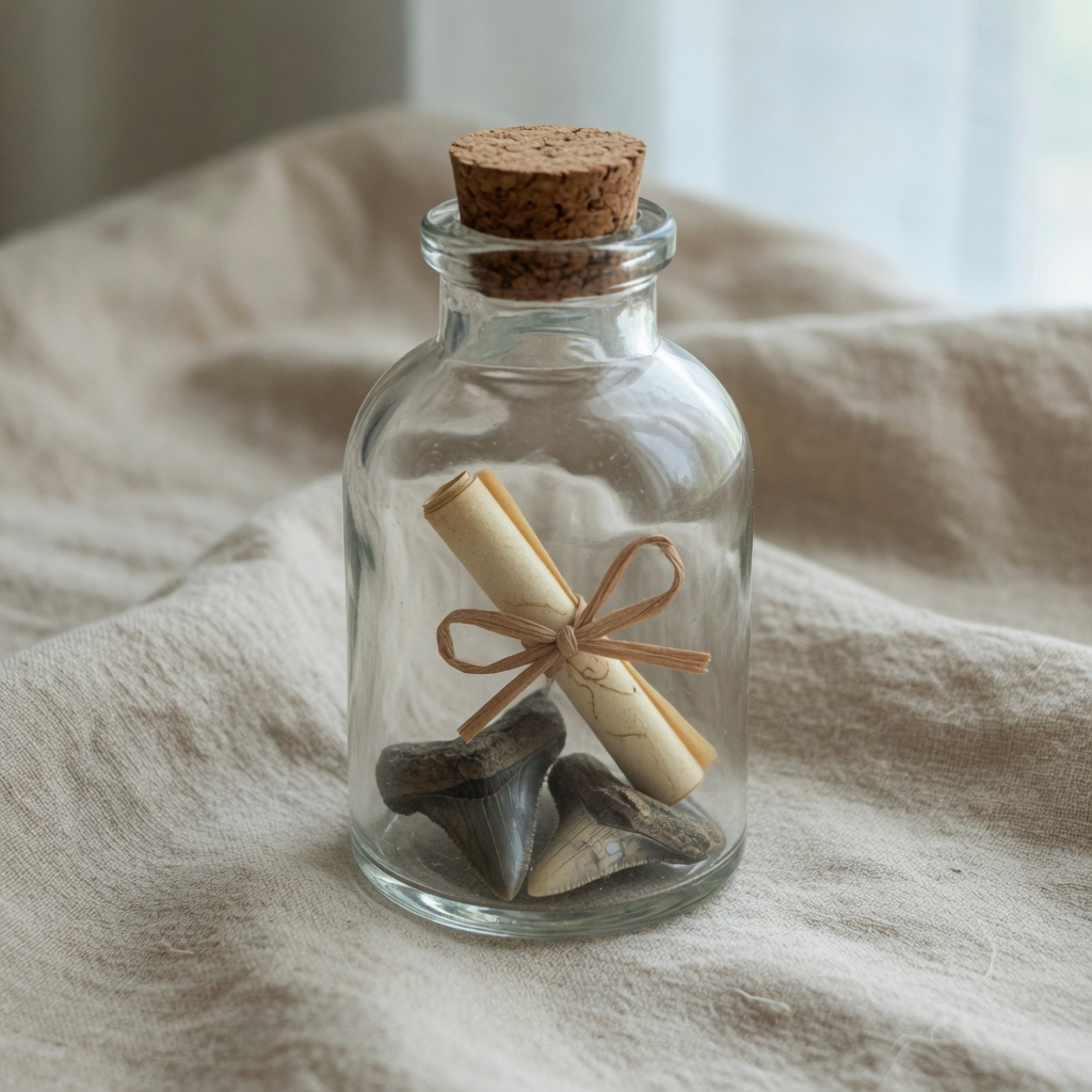 Teeth and a rolled certificate tied with a bow in a small cork bottle