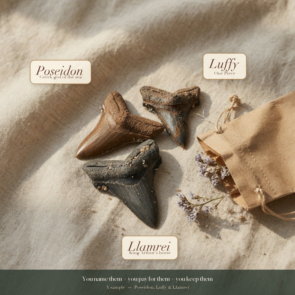 Three Florida shark teeth named Poseidon, Luffy, and Llamrei